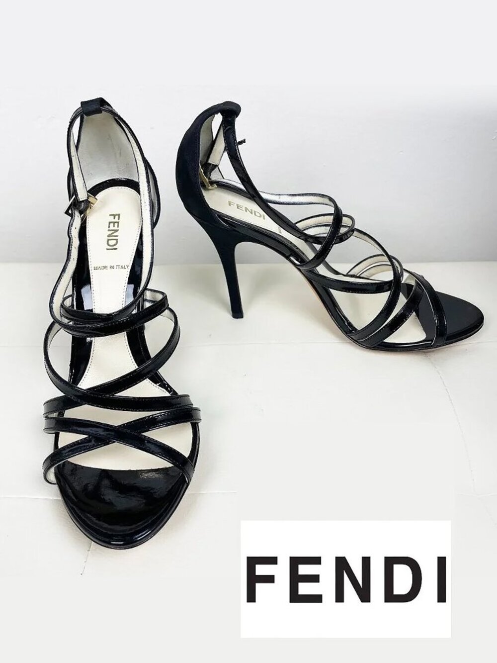 Fendi Black Patent Leather Sandal Heels | Moire + Vernice 2009 | Size 39.5 | EUC